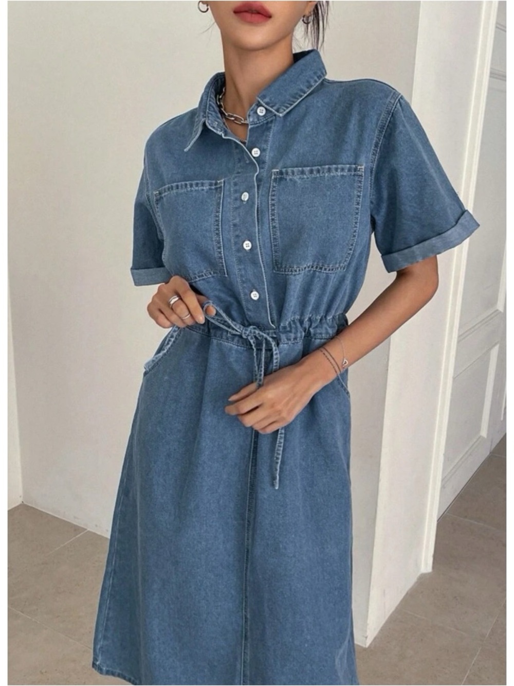DAZY Denim Drawstring Short Sleeve Summer Midi Dress - Picture 2 of 7